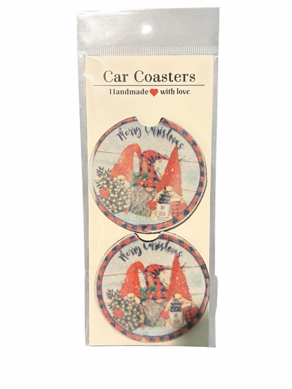 Merry Christmas Gnome Car Coasters – Set of 2